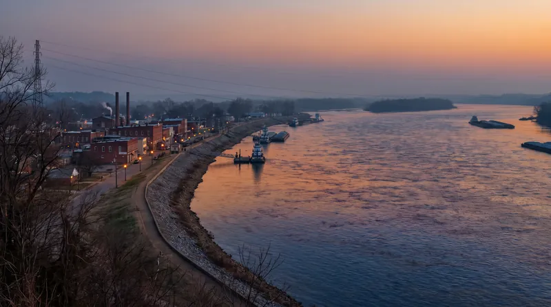 A wide view of the Mississippi River flowing past a riverfront town at dusk, reflecting the fading light.