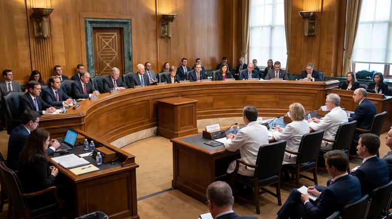 U.S. Senators and medical experts seated in a formal committee hearing room discussing menopause care.