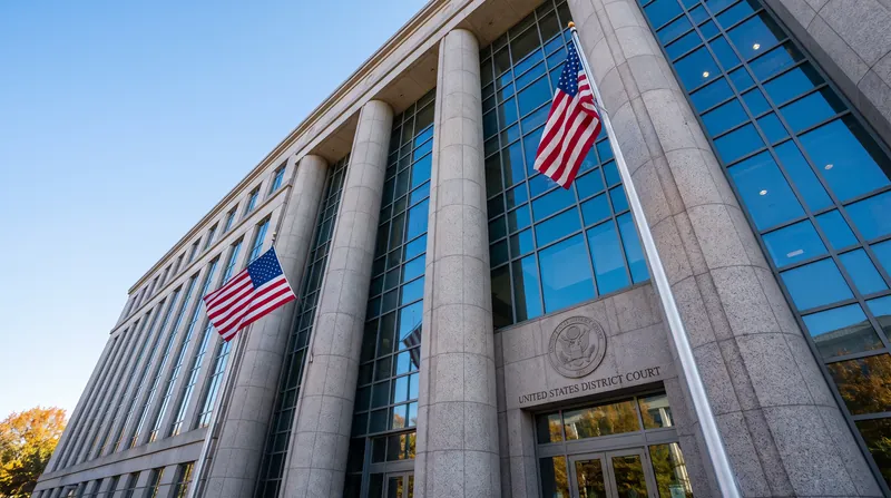 Low angle view of a modern United States federal courthouse exterior with stone columns and glass.