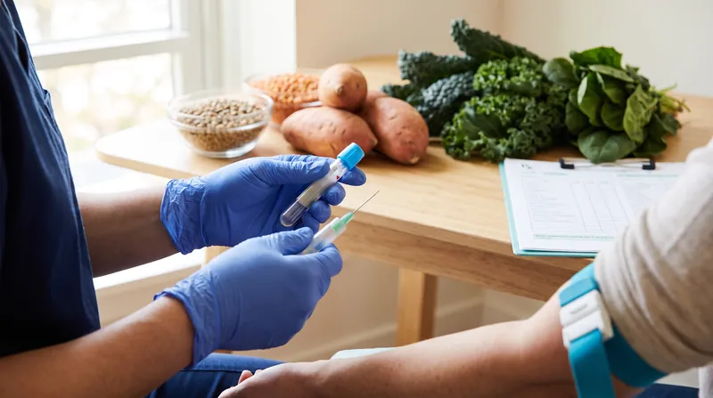 A phlebotomist wearing blue gloves prepares a blood sample vial in a brightly lit clinical laboratory.