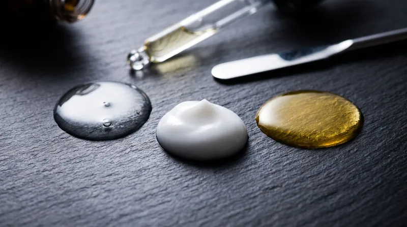Three glass dropper bottles containing different colored skincare serums on a white laboratory counter.