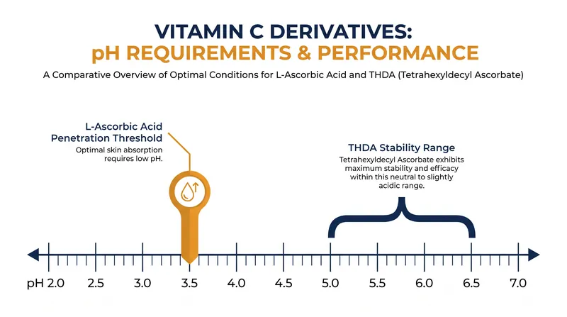 The pH gap between pure L-ascorbic acid and its lipid-soluble derivatives dictates skin tolerability.