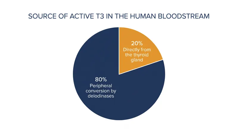 The vast majority of circulating active thyroid hormone is generated outside the thyroid gland.