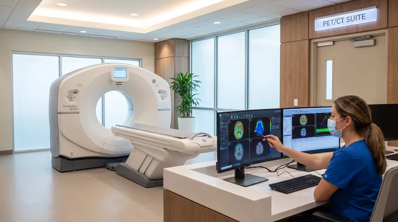 A medical technician in blue scrubs reviews brain imaging results on dual monitors near a modern PET scan machine.