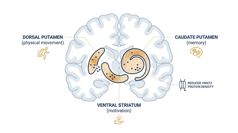 Reductions in dopamine terminal density across three specific zones of the striatum correlate directly with distinct long COVID symptoms.