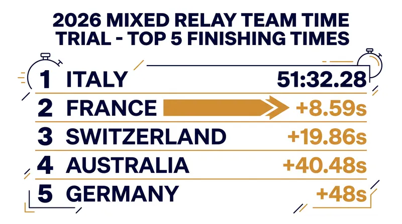 Final standings for the 2026 Mixed Relay Team Time Trial in Montreal.