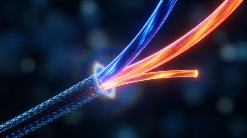 A glowing fiber-optic cable splitting into three distinct, brightly colored strands against a dark background.