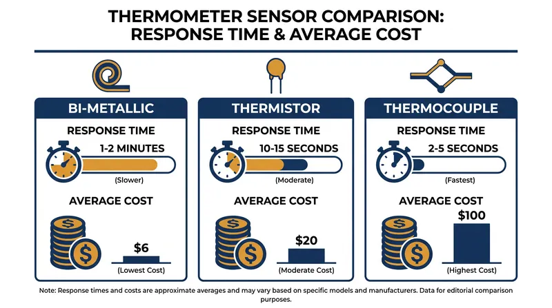 Thermocouples offer the fastest response times but come at a significant price premium over thermistors and bi-metallic coils.