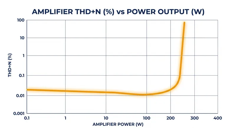The THD+N vs. amplitude curve reveals an amplifier's true clean power limit before clipping occurs.