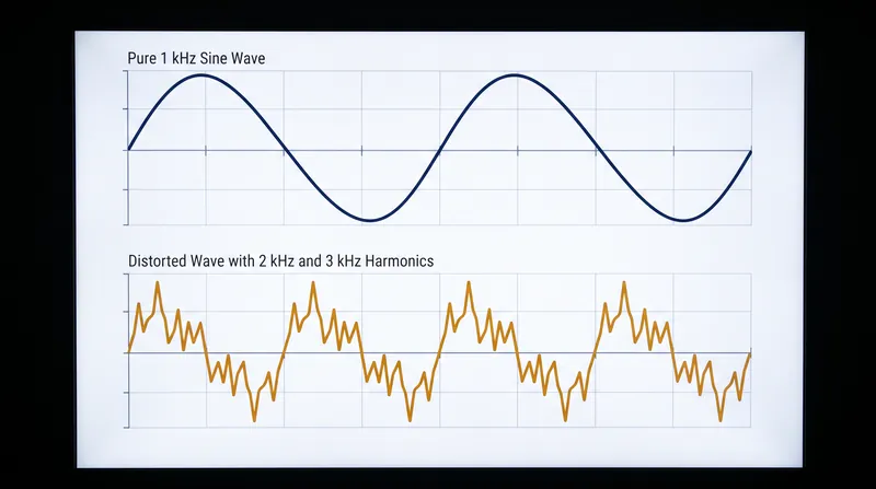 Total Harmonic Distortion (THD) measures the unwanted harmonic frequencies generated by an amplifier when fed a pure test tone.