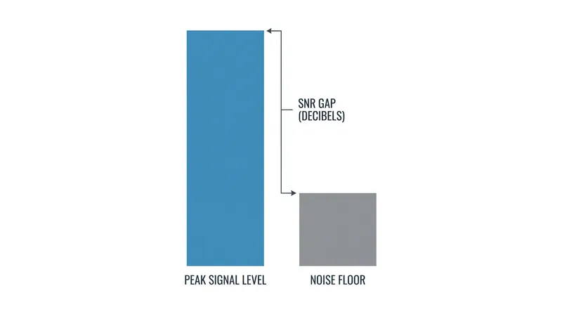 Signal-to-Noise Ratio (SNR) measures the distance in decibels between the loudest undistorted sound and the equipment's baseline hiss.