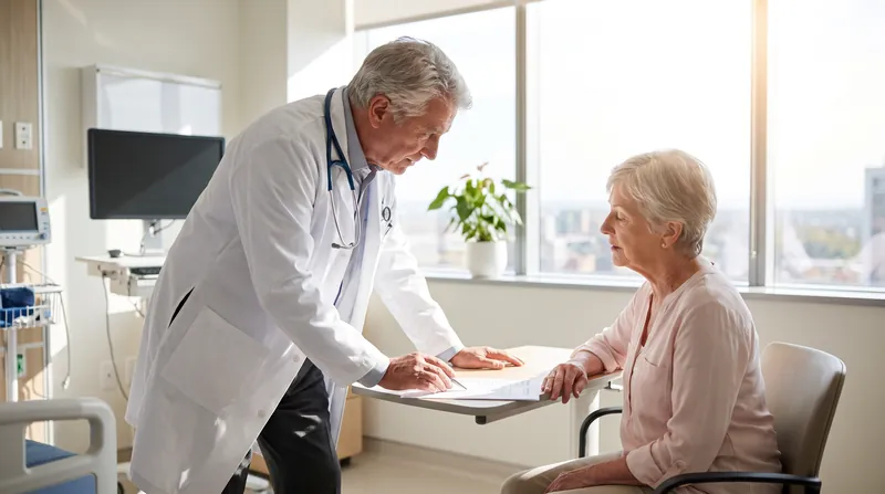 An experienced older doctor in a white coat speaking with a patient in a modern hospital room.