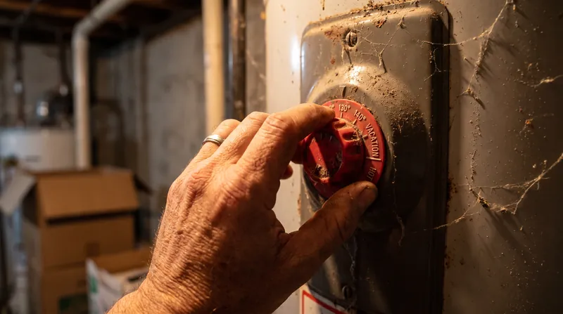 A close-up view of a hand adjusting the red temperature control dial on a residential water heater tank.