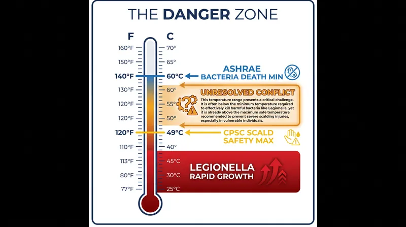 Public health guidelines and plumbing codes demand two mutually exclusive temperatures.