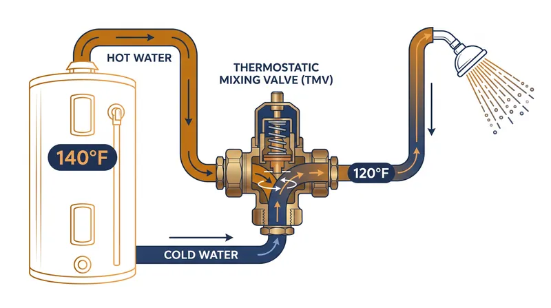 A thermostatic mixing valve separates the storage temperature from the delivery temperature, solving the biological and physical conflict.
