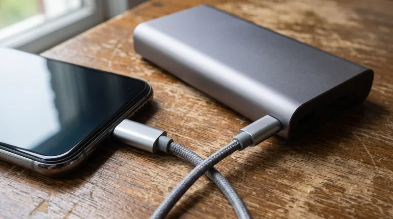 A close-up of a smartphone connected via a USB-C cable to a portable power bank resting on a wooden desk.