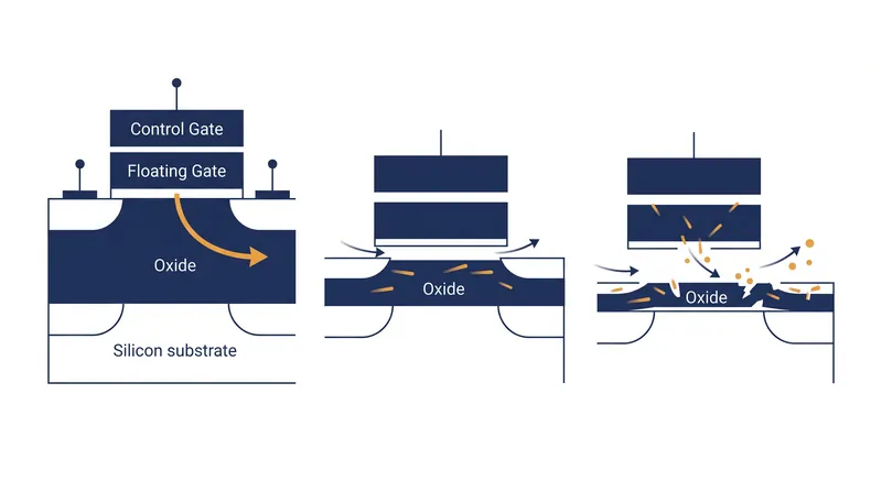 Erasing and rewriting data degrades the insulating oxide layer, eventually allowing electrons to leak when unpowered.