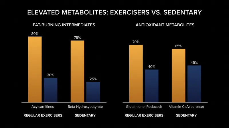 Active individuals showed significantly higher concentrations of fat-burning intermediates and antioxidant metabolites.