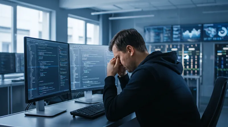 A software developer looking at a computer monitor displaying lines of code in a modern office setting.