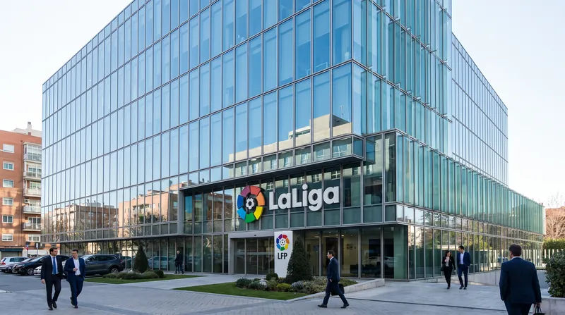 The modern glass exterior of the La Liga headquarters building in Madrid under bright daylight.