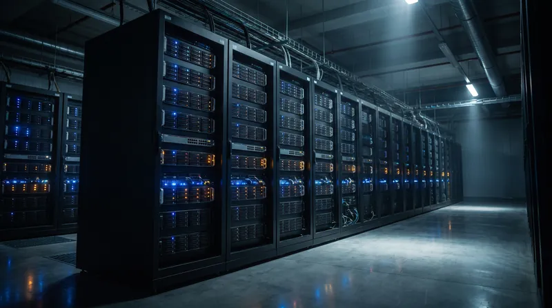 A dimly lit data center aisle showing rows of modern server racks with glowing blue and amber lights.