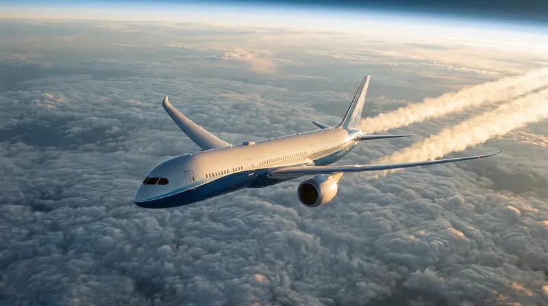 A large commercial airliner flying straight and level high above a layer of white clouds.