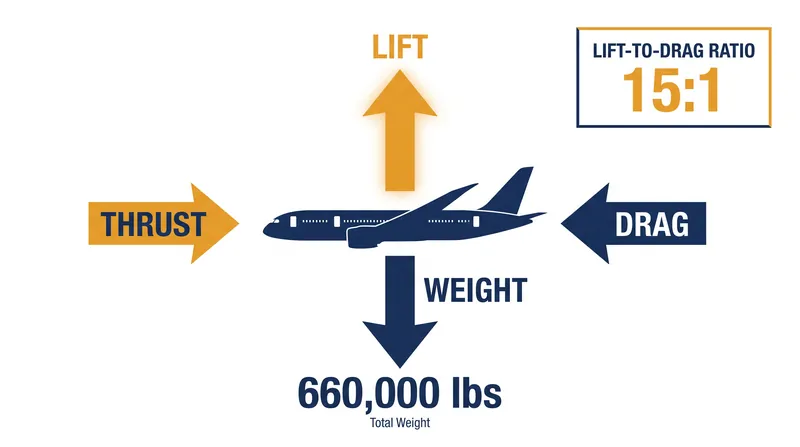 The four fundamental forces that must balance for an aircraft to maintain unaccelerated level flight.