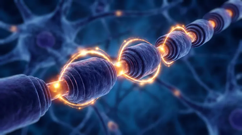 A microscopic view of a myelinated axon showing a glowing electrical signal jumping between nodes.
