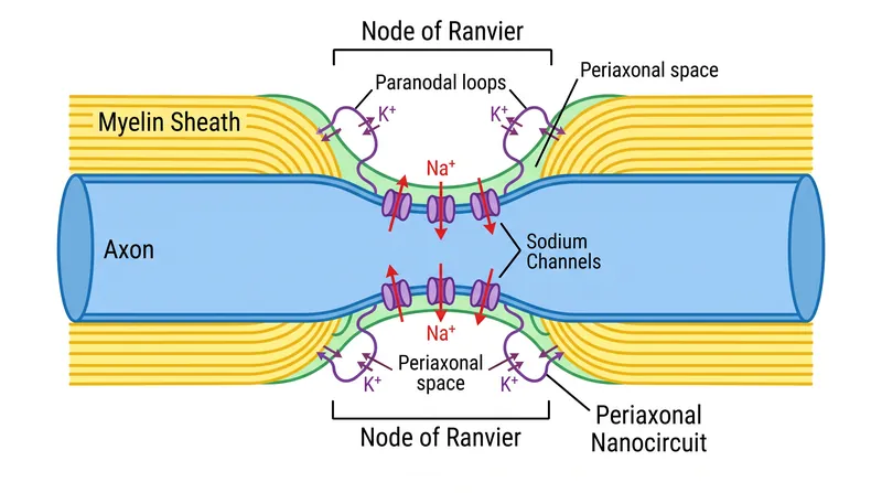 Voltage-gated sodium channels are densely clustered at the nodes to regenerate the action potential.