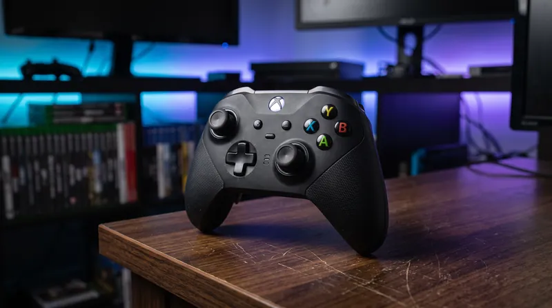 A modern Xbox wireless controller resting on a dark wooden desk in a dimly lit room.