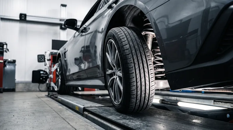 A close-up view of a car's front wheel turned on an alignment rack, showing the suspension components behind the tire.