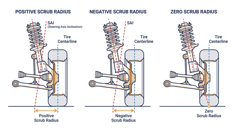 Scrub radius is defined by where the steering axis and tire centerline intersect at the road surface.