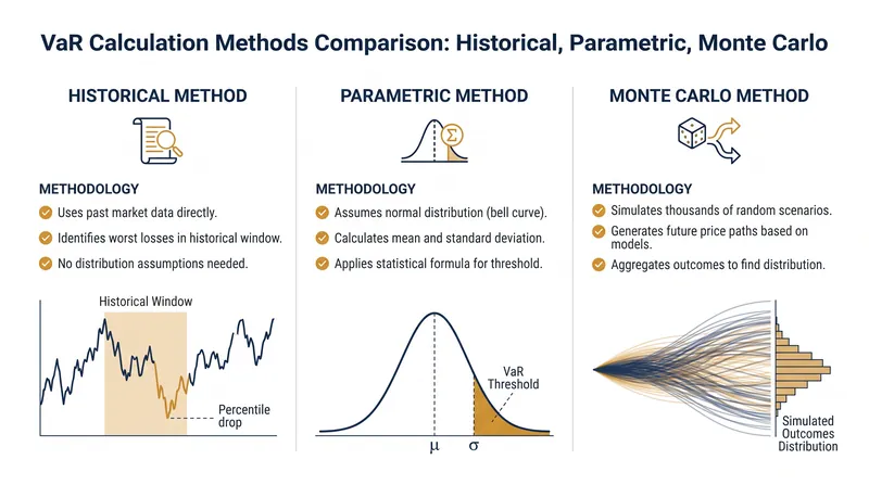The three primary methods for calculating Value-at-Risk each carry distinct computational trade-offs.