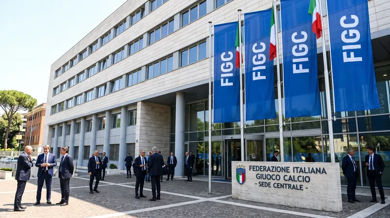 The exterior of the Italian Football Federation headquarters building in Rome, featuring official signage and flags.
