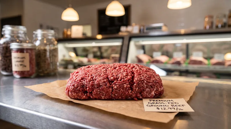 A package of raw ground beef sitting on brown butcher paper at a grocery store meat counter.