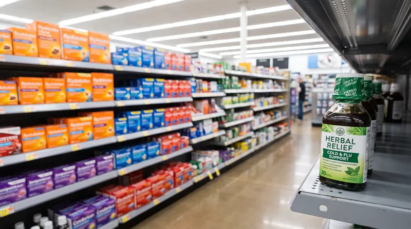 A brightly lit pharmacy aisle displaying various cold and flu supplement boxes and bottles on shelves.
