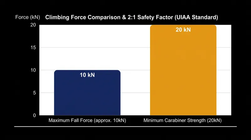 The 20kN standard provides a 2:1 safety factor over the maximum force generated in a severe climbing fall.