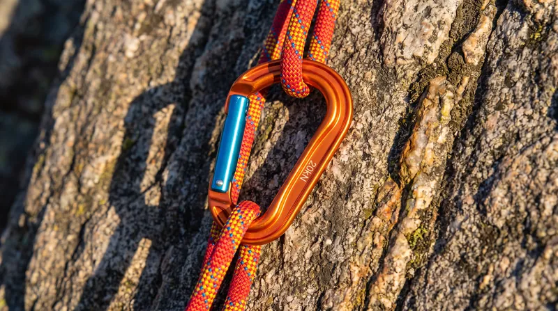 A close-up of a metal climbing carabiner clipped to a dynamic rope against a rock face.