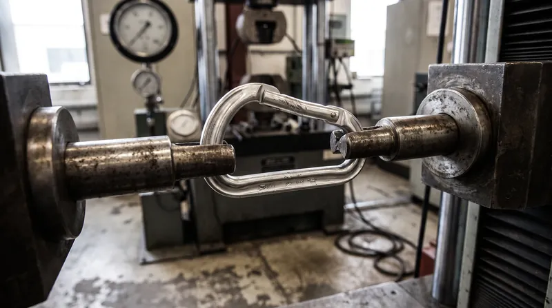 Manufacturers test carabiners by pulling them apart with steel pins until the metal deforms and fractures.