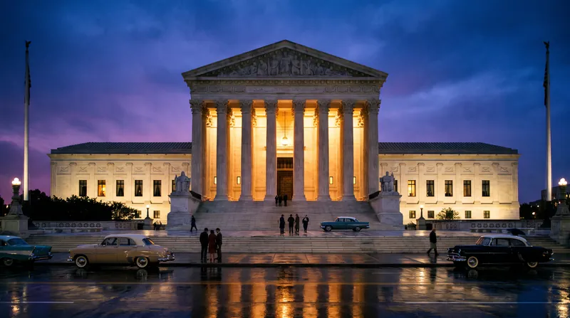 Exterior view of a state supreme court building with classical columns at dusk.