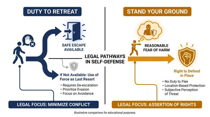 How the two statutory frameworks alter the legal requirements for a self-defense claim.