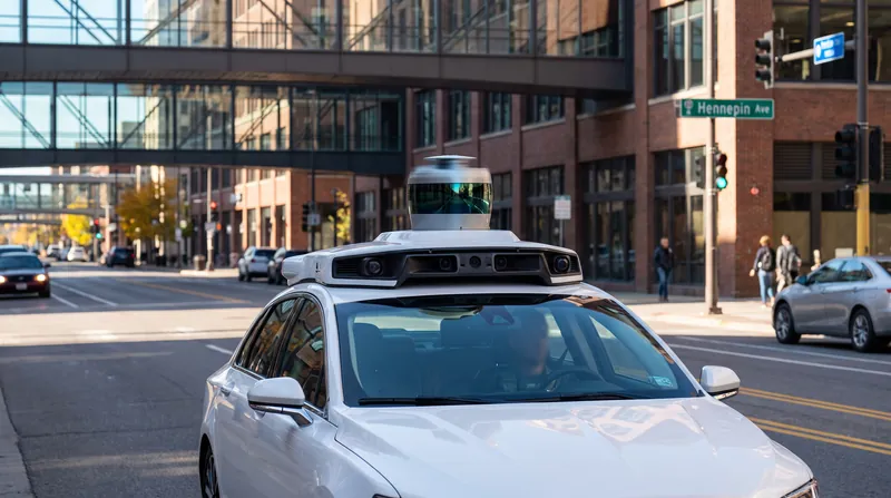 A white autonomous vehicle with a roof-mounted sensor array driving on a city street.