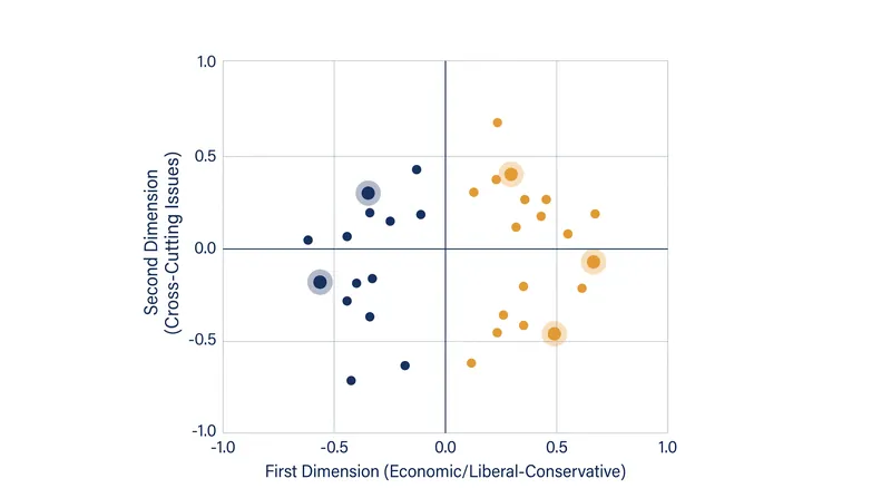 The DW-NOMINATE spatial model plots lawmakers on two axes based on their voting agreement.