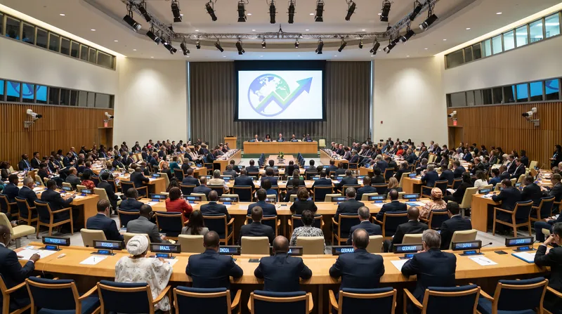 Wide view of delegates seated at desks in the United Nations General Assembly hall during a session.