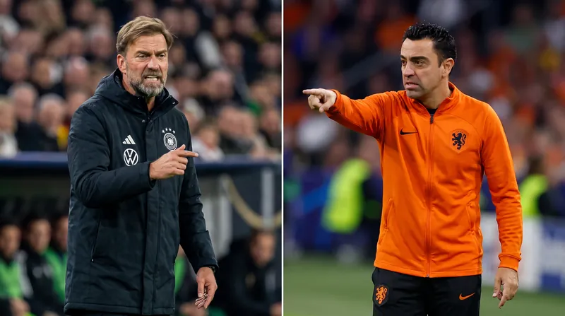 Split screen showing Jürgen Klopp and Xavi Hernández in their respective national team jackets on the touchline.