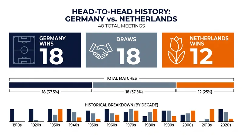 Germany holds a slight historical edge over the Netherlands across 48 all-time meetings.