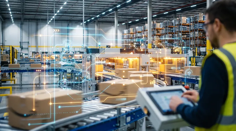A brightly lit Amazon fulfillment center interior with a digital data overlay showing workflow connections.