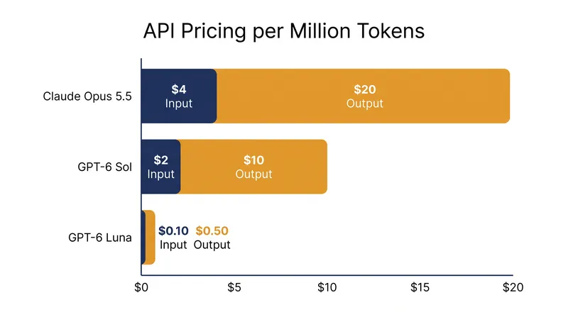 GPT-6 Sol undercuts Claude Opus 5.5 on raw token price, while Luna targets high-volume tasks.