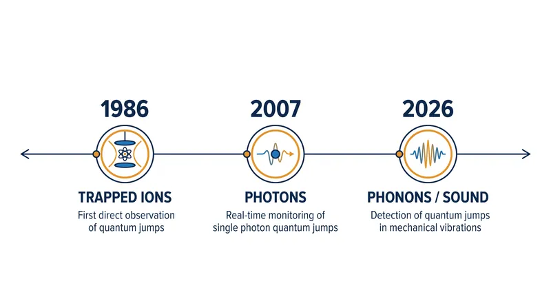 The observation of acoustic quantum jumps completes a century-old theoretical arc, following earlier demonstrations in ions and light.