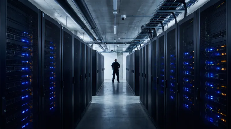 A wide view of a highly secure data center server aisle with glowing blue indicator lights.